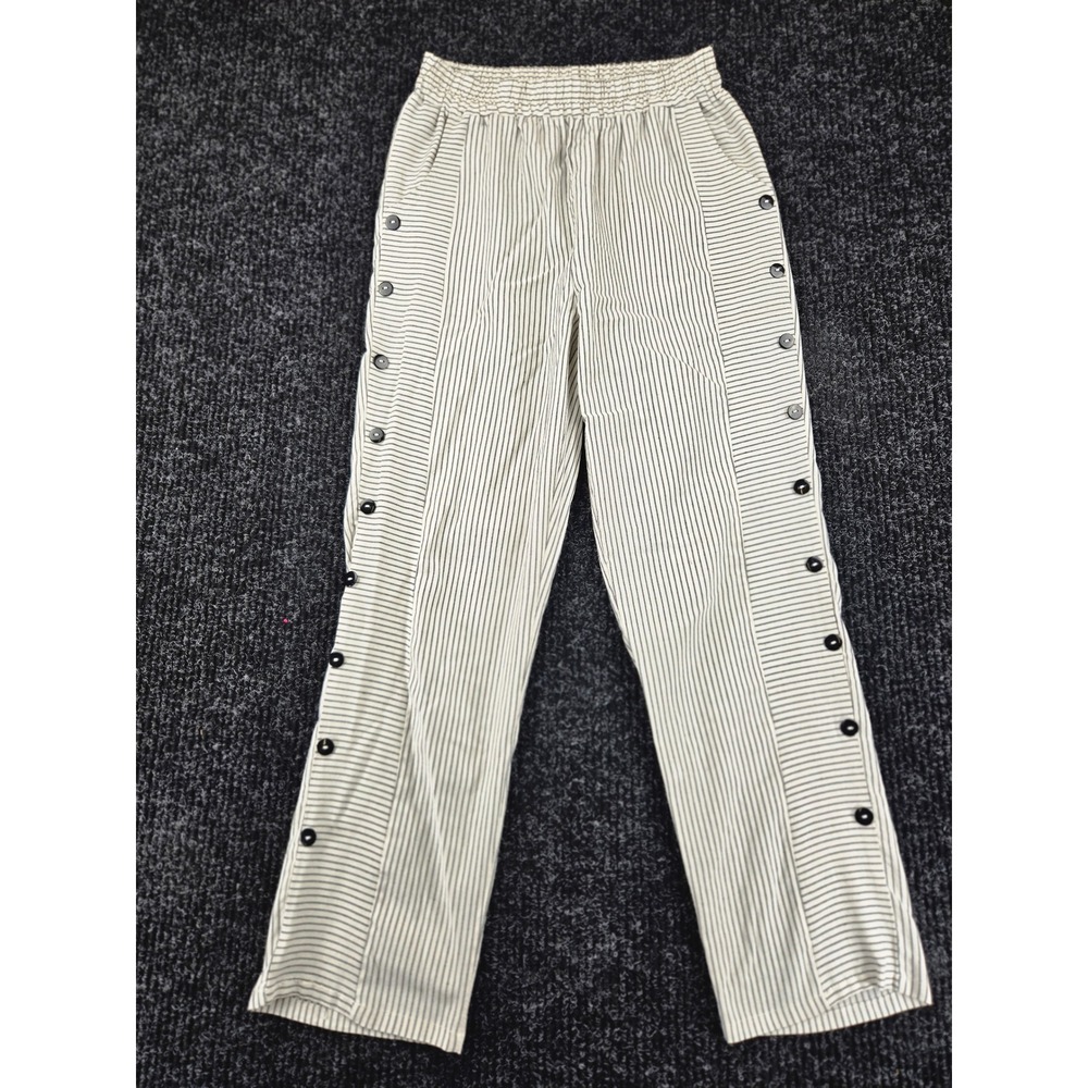 Womens Striped Cotton Straight Leg Pants Cream Black Button Detail Small
